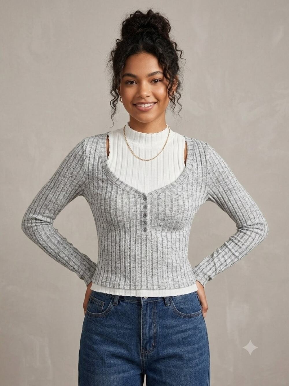SHEIN. Soft Gray Ribbed Off-Shoulder Button Front Sweater. Size 16y. S 3